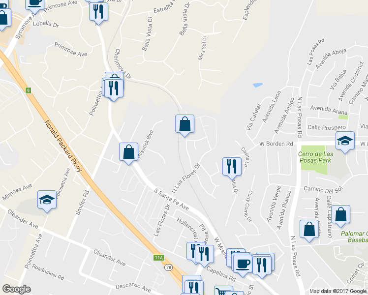 map of restaurants, bars, coffee shops, grocery stores, and more near 862 Via La Venta in San Marcos