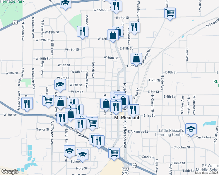 map of restaurants, bars, coffee shops, grocery stores, and more near 312 W 6th St in Mt Pleasant