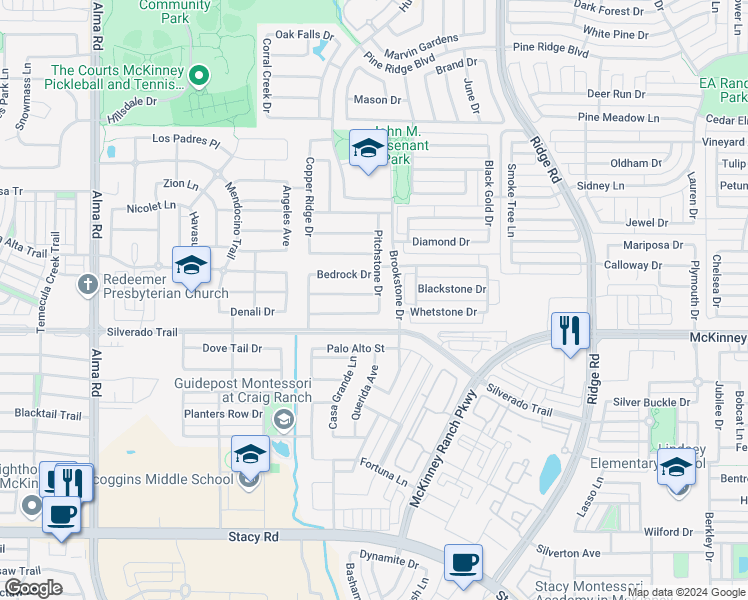 map of restaurants, bars, coffee shops, grocery stores, and more near 5701 Rubblestone Drive in McKinney