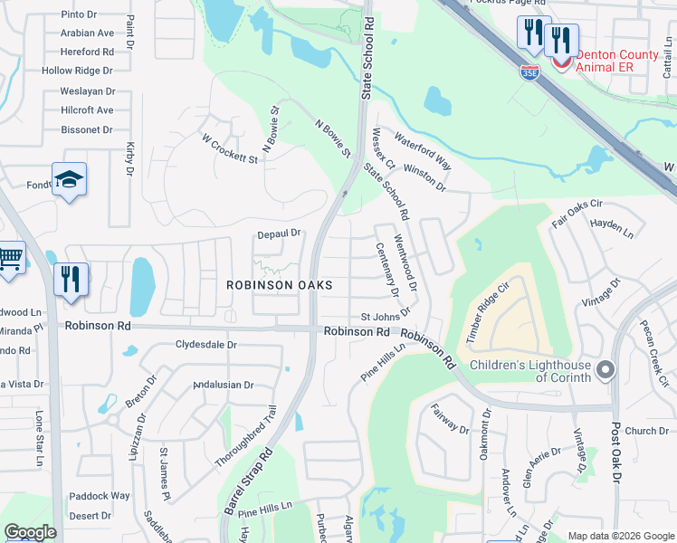 map of restaurants, bars, coffee shops, grocery stores, and more near 3517 Marquette Drive in Denton