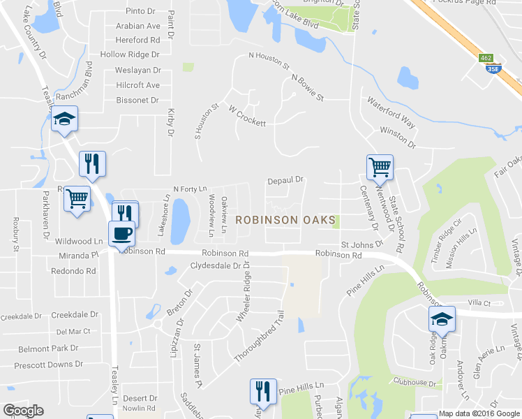 map of restaurants, bars, coffee shops, grocery stores, and more near 3812 Drexel Drive in Denton