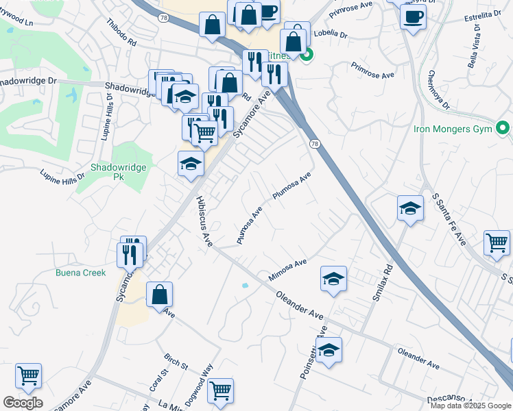 map of restaurants, bars, coffee shops, grocery stores, and more near 753 Plumosa Avenue in Vista