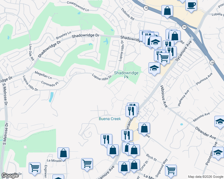 map of restaurants, bars, coffee shops, grocery stores, and more near 1119 Cottontail Road in Vista