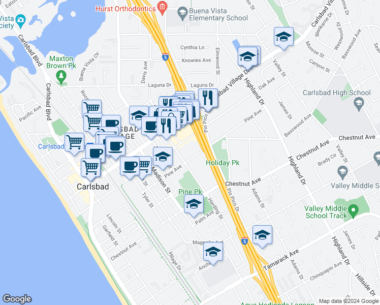 map of restaurants, bars, coffee shops, grocery stores, and more near 982 Pine Avenue in Carlsbad