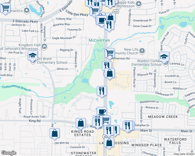 map of restaurants, bars, coffee shops, grocery stores, and more near 9499 Farm to Market Road 423 in Frisco