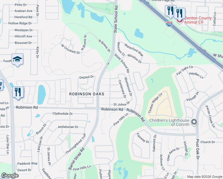 map of restaurants, bars, coffee shops, grocery stores, and more near 3517 Marquette Drive in Denton