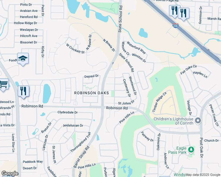 map of restaurants, bars, coffee shops, grocery stores, and more near 3517 Marquette Drive in Denton