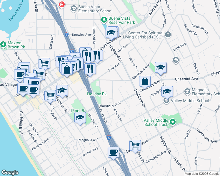 map of restaurants, bars, coffee shops, grocery stores, and more near 3357 Adams Street in Carlsbad