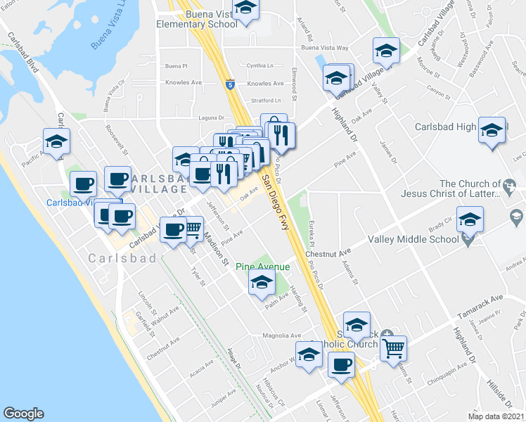 map of restaurants, bars, coffee shops, grocery stores, and more near 982 Pine Avenue in Carlsbad