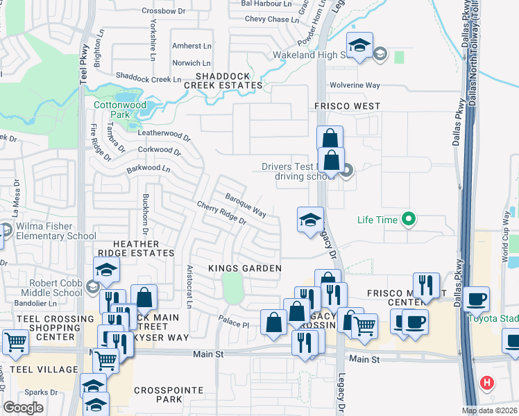 map of restaurants, bars, coffee shops, grocery stores, and more near 9906 Divine Court in Frisco