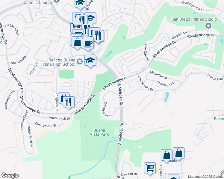 map of restaurants, bars, coffee shops, grocery stores, and more near 1729 Countryside Place in Vista