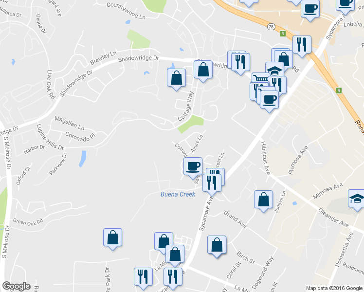 map of restaurants, bars, coffee shops, grocery stores, and more near 1119 Cottontail Rd in Vista