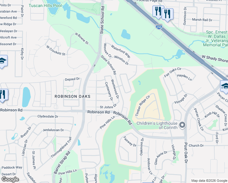 map of restaurants, bars, coffee shops, grocery stores, and more near 1203 Wentwood Drive in Corinth