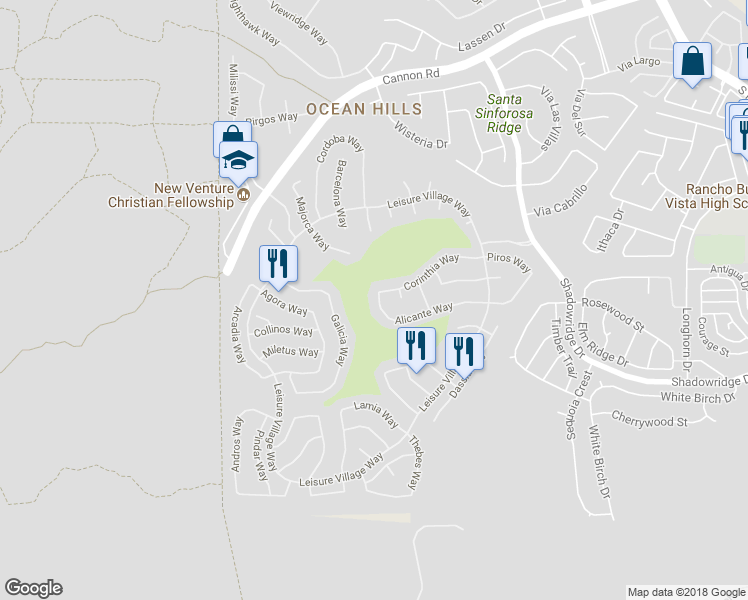 map of restaurants, bars, coffee shops, grocery stores, and more near 4909 Alicante Way in Oceanside