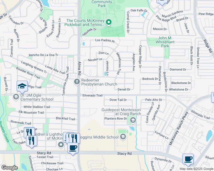 map of restaurants, bars, coffee shops, grocery stores, and more near 7152 Silverado Trail in McKinney