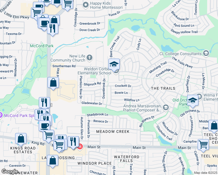 map of restaurants, bars, coffee shops, grocery stores, and more near 10887 Silver Dollar Drive in Frisco