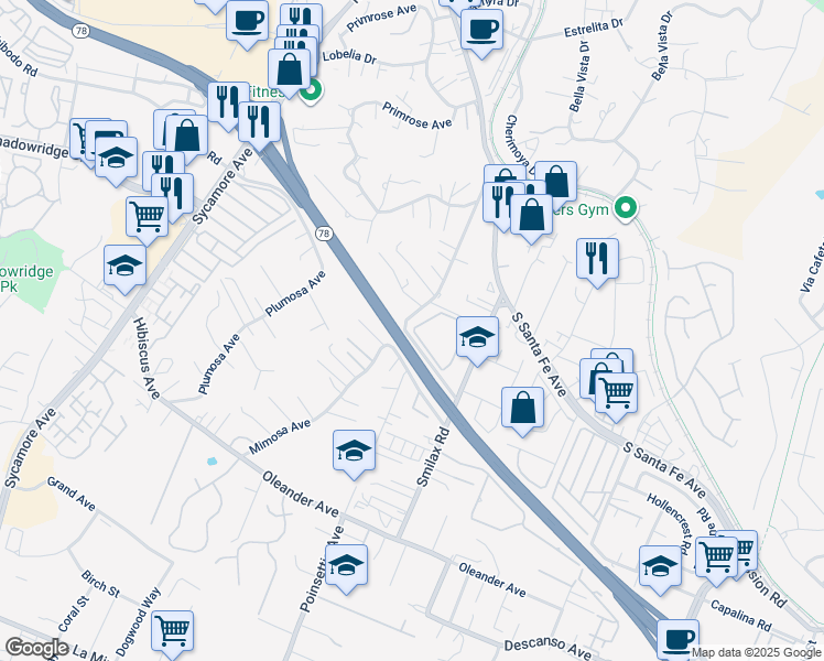 map of restaurants, bars, coffee shops, grocery stores, and more near 221 Smilax Road in Vista