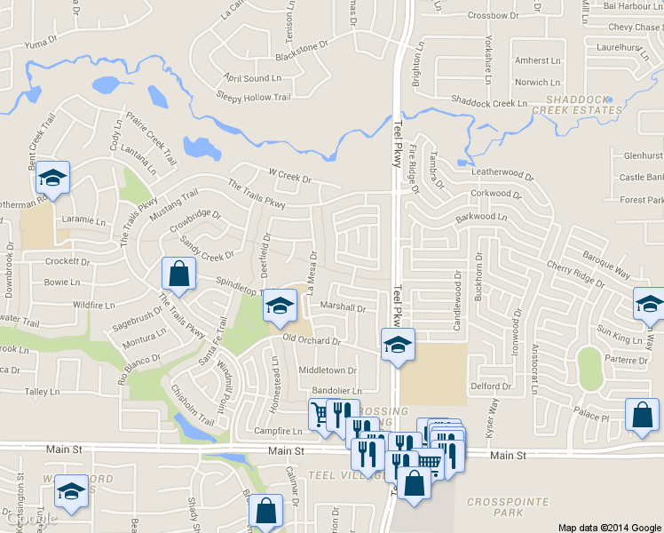 map of restaurants, bars, coffee shops, grocery stores, and more near 2717 Spanish Moss Trail in Frisco