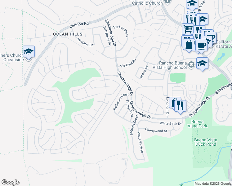 map of restaurants, bars, coffee shops, grocery stores, and more near 6027 Patmos Way in Oceanside