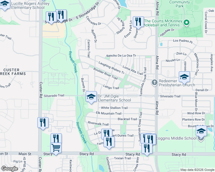 map of restaurants, bars, coffee shops, grocery stores, and more near 3825 Bitterroot Trail in McKinney