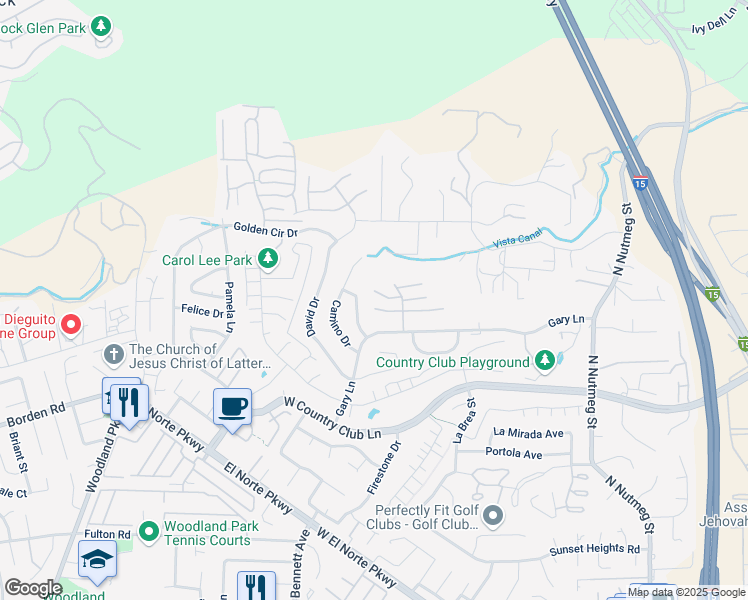 map of restaurants, bars, coffee shops, grocery stores, and more near 1641 Anoche Glen in Escondido