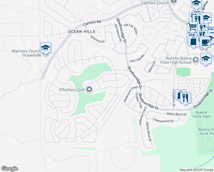 map of restaurants, bars, coffee shops, grocery stores, and more near 5030 Alicante Way in Oceanside