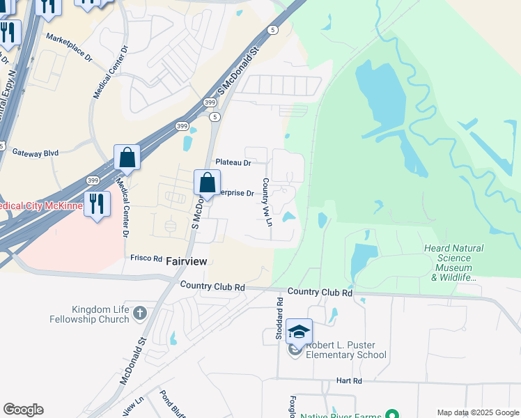 map of restaurants, bars, coffee shops, grocery stores, and more near 212 River Hills Court in McKinney