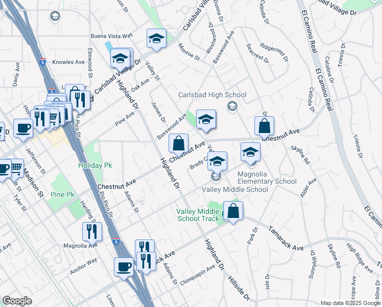 map of restaurants, bars, coffee shops, grocery stores, and more near 1565 Chestnut Avenue in Carlsbad