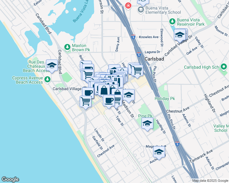 map of restaurants, bars, coffee shops, grocery stores, and more near 675 Carlsbad Village Dr in Carlsbad