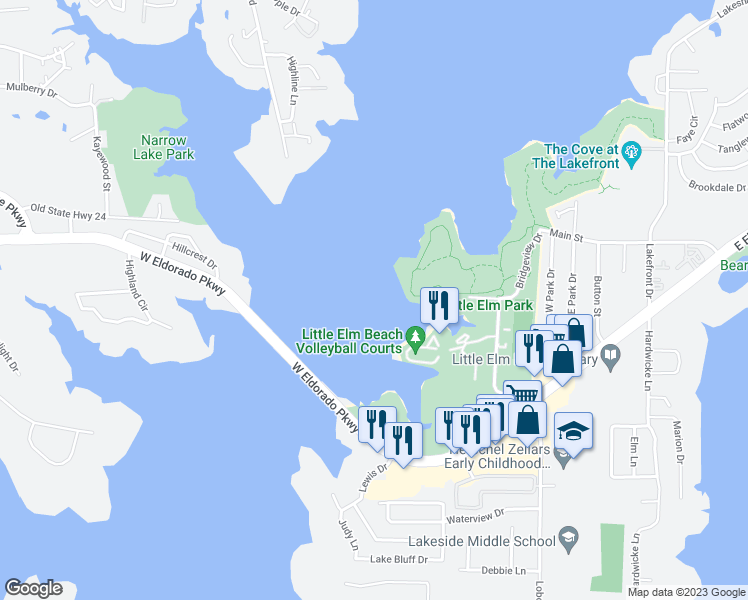 map of restaurants, bars, coffee shops, grocery stores, and more near 144 Bridgeview Drive in Little Elm