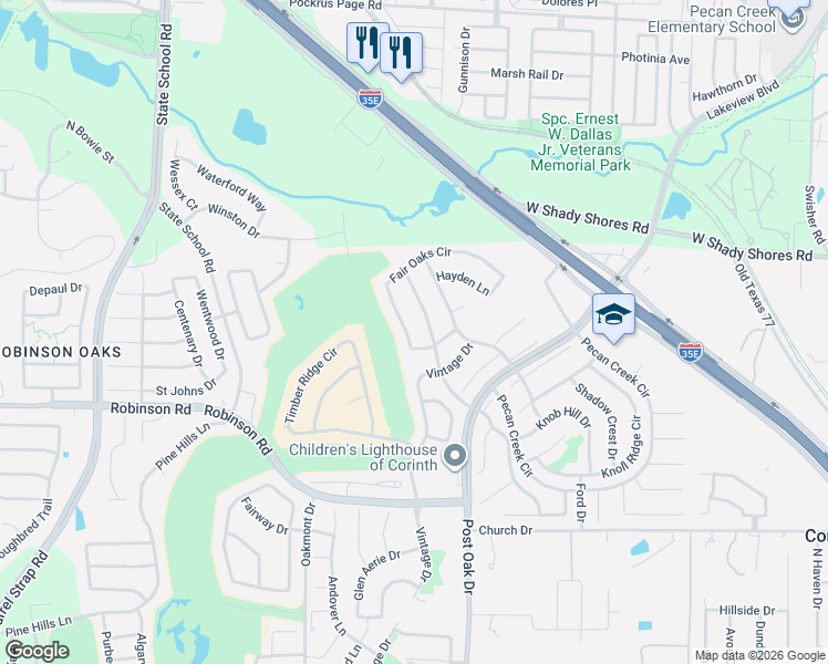 map of restaurants, bars, coffee shops, grocery stores, and more near 2065 Fair Oaks Circle in Corinth