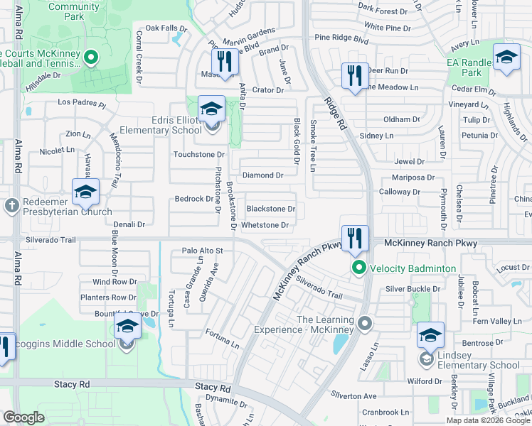 map of restaurants, bars, coffee shops, grocery stores, and more near 6305 Blackstone Drive in McKinney