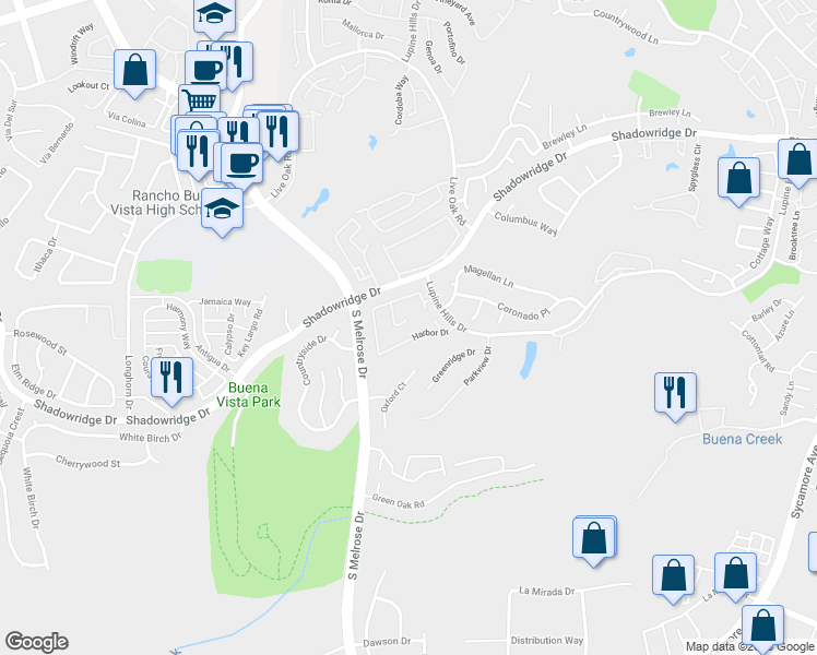 map of restaurants, bars, coffee shops, grocery stores, and more near 2667 Seacrest Court in Vista