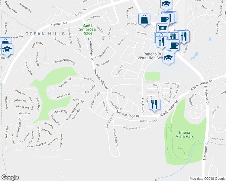 map of restaurants, bars, coffee shops, grocery stores, and more near 1995 Willow Ridge Drive in Vista