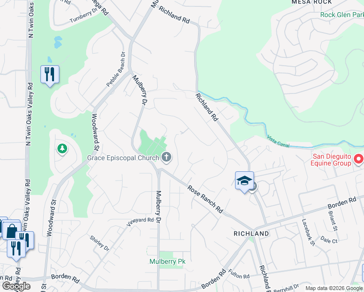 map of restaurants, bars, coffee shops, grocery stores, and more near Rose Ranch Road in San Marcos
