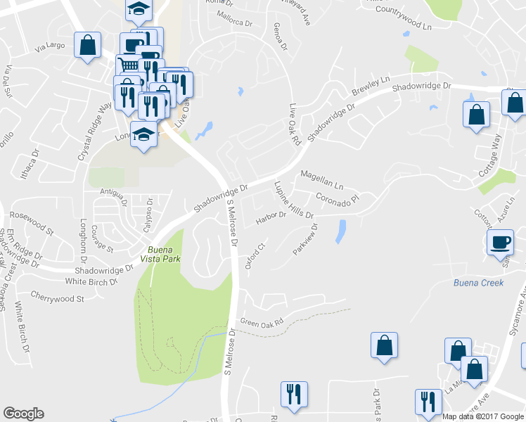 map of restaurants, bars, coffee shops, grocery stores, and more near 2667 Seacrest Court in Vista