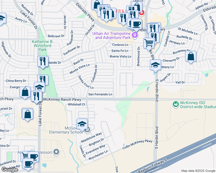 map of restaurants, bars, coffee shops, grocery stores, and more near 4406 Santa Cruz Lane in McKinney