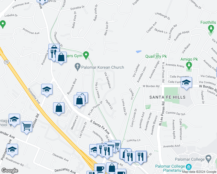 map of restaurants, bars, coffee shops, grocery stores, and more near 1002 Via Santalina in San Marcos