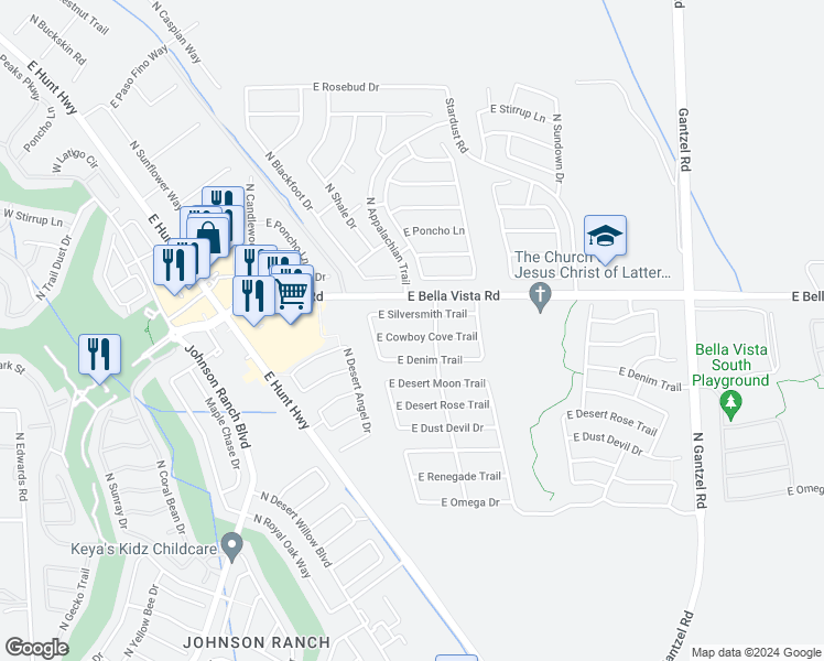 map of restaurants, bars, coffee shops, grocery stores, and more near 1004 East Cowboy Cove Trail in Queen Creek