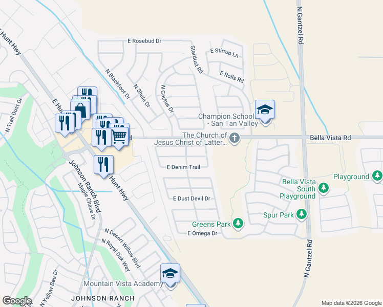 map of restaurants, bars, coffee shops, grocery stores, and more near 1060 East Cowboy Cove Trail in Queen Creek