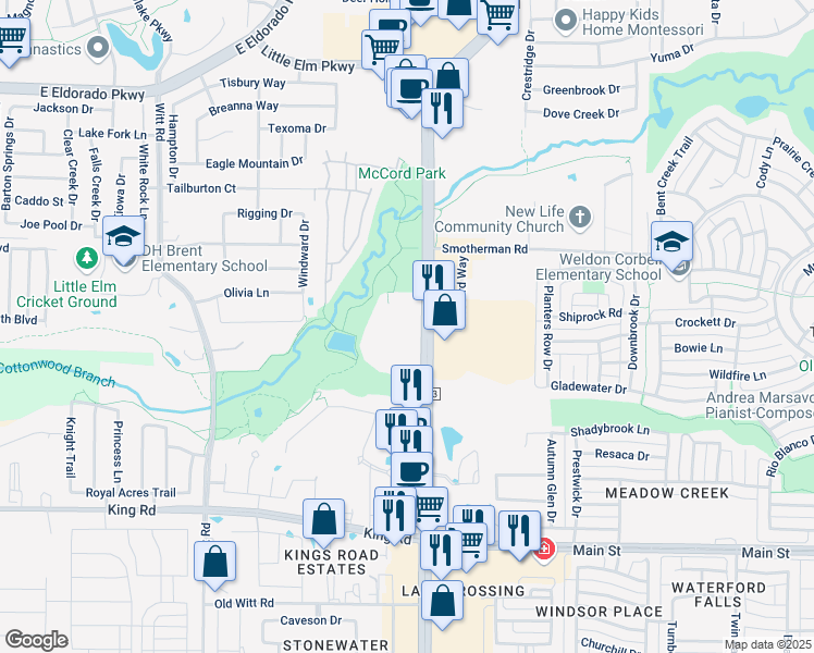 map of restaurants, bars, coffee shops, grocery stores, and more near 9499 Farm to Market Road 423 in Frisco