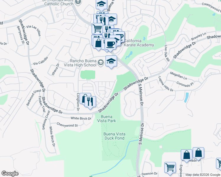 map of restaurants, bars, coffee shops, grocery stores, and more near 1852 Key Largo Road in Vista