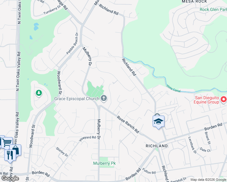 map of restaurants, bars, coffee shops, grocery stores, and more near Rose Ranch Road in San Marcos