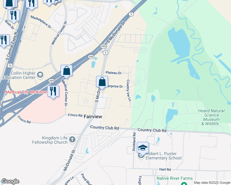 map of restaurants, bars, coffee shops, grocery stores, and more near 150 Enterprise Drive in McKinney