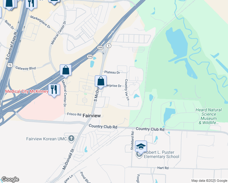 map of restaurants, bars, coffee shops, grocery stores, and more near 150 Enterprise Boulevard in McKinney