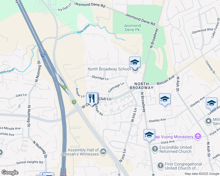 map of restaurants, bars, coffee shops, grocery stores, and more near 402 Eastridge Lane in Escondido