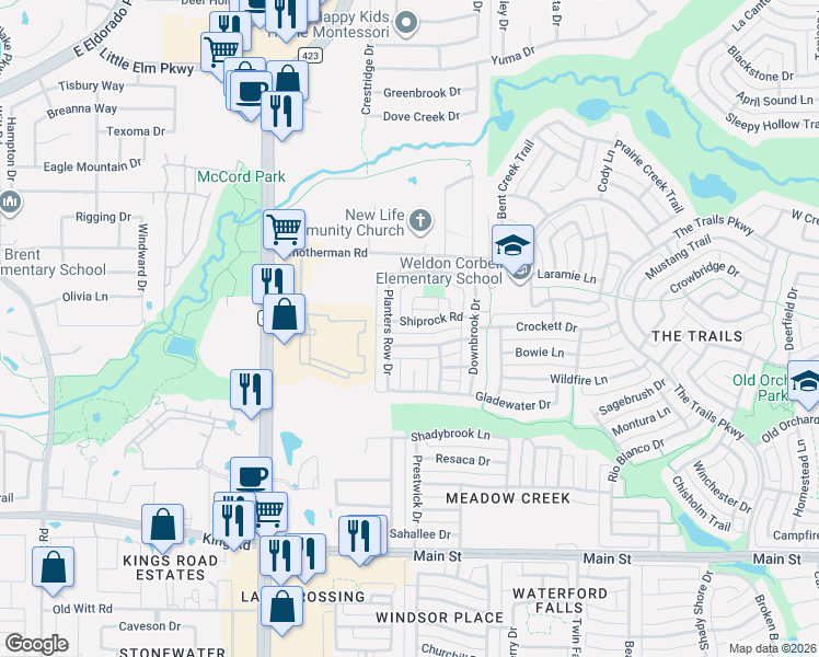 map of restaurants, bars, coffee shops, grocery stores, and more near 806 High Meadow Road in Frisco