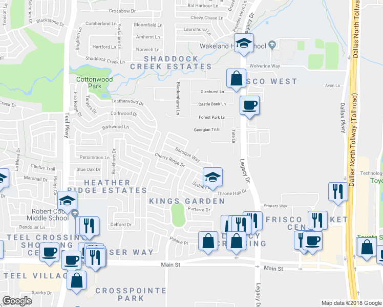 map of restaurants, bars, coffee shops, grocery stores, and more near 9907 Divine Court in Frisco
