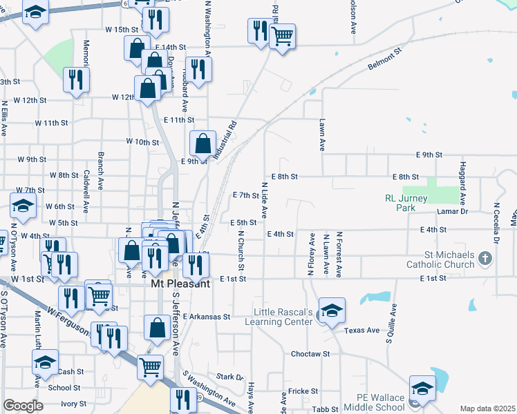 map of restaurants, bars, coffee shops, grocery stores, and more near 505 North Lide Avenue in Mount Pleasant