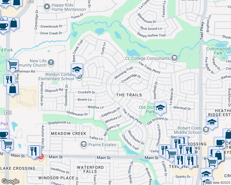 map of restaurants, bars, coffee shops, grocery stores, and more near 1711 Mustang Trail in Frisco